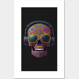 Funny Sugar Candy Skull With Headphones and Sun Glasses Posters and Art